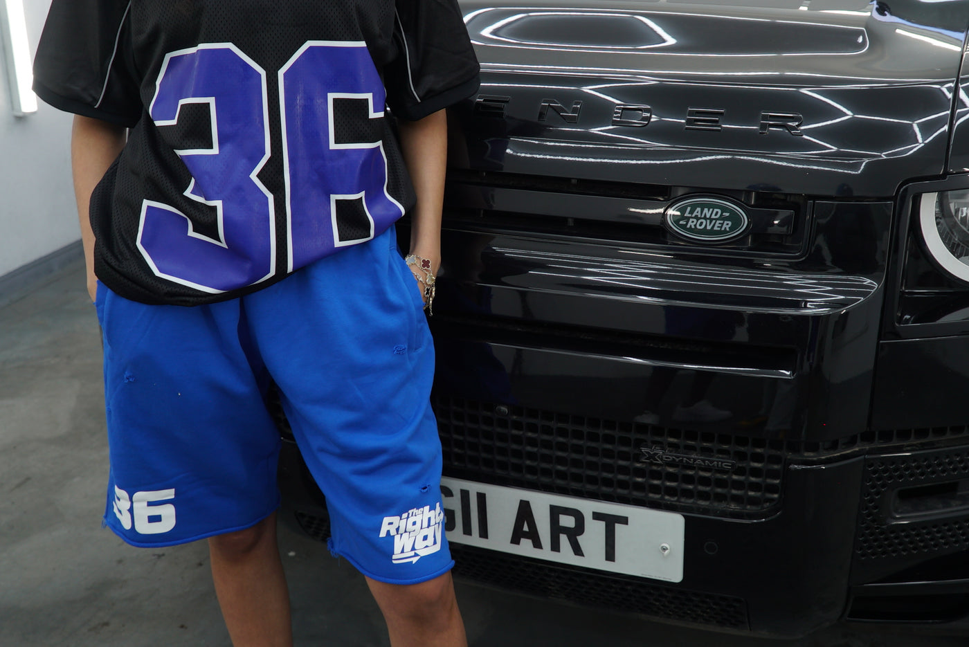 Close detail of the blue distressed shorts